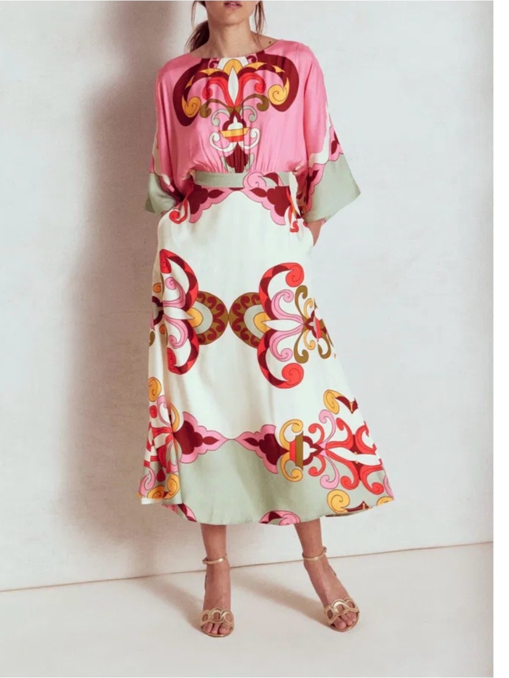 Boden Pink, Cream and Green Printed Midi Dress - Picture 4 of 15
